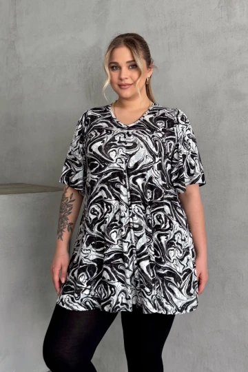 Büyük Beden V Yaka Kısa Kollu Eteği Bollaşan Desenli Bluz 101-17
