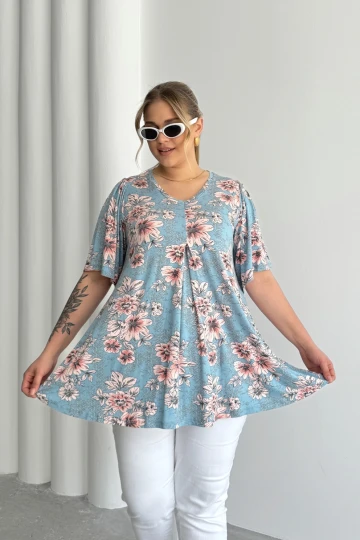 Büyük Beden V Yaka Kısa Kollu Eteği Bollaşan Desenli Bluz 101-44