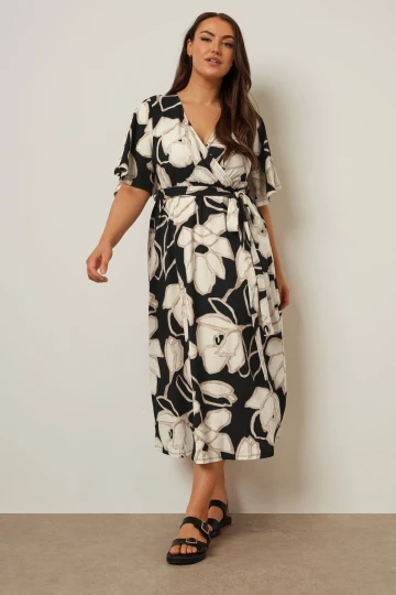 Büyük Beden V Yaka Kısa Kollu Önü Bağlamalı Anvelop Midi Elbise 304069