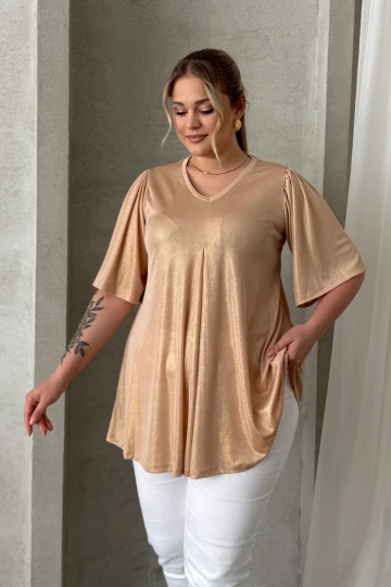 Büyük Beden V Yaka Kısa Kollu Parlak Görünümlü Bluz 303718