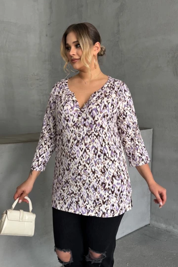 Büyük Beden V Yaka Önü Düğmeli Kolları Katlama Detaylı Likralı Bluz 1017