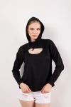 Yaka Detaylı Uzun Kollu Kapüşonlu Bluz