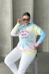 Büyük Beden Batik Desenli Kapüşonlu Baskılı İnce Sweatshirt 303144