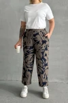 Büyük Beden Beli Lastikli Bol Paça Desenli Cepli Pantolon 74-109