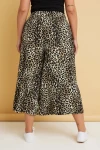 Büyük Beden Beli Lastikli Cepli Leopar Desenli Midi Bol Paça Pantolon 145267