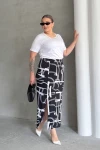 Büyük Beden Beli Lastikli Soyut Desenli Yırtmaç Detaylı Uzun Etek 98-120