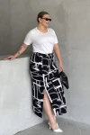 Büyük Beden Beli Lastikli Soyut Desenli Yırtmaç Detaylı Uzun Etek 98-120