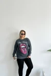 Büyük Beden Bisiklet Yaka Baskılı Pul Detaylı Yıkamalı Sweatshirt 301252