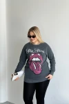 Büyük Beden Bisiklet Yaka Baskılı Pul Detaylı Yıkamalı Sweatshirt 301252