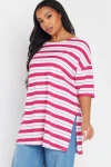 Büyük Beden Bisiklet Yaka Kısa Kollu Yanları Yırtmaçlı Çizgili T-shirt 303945