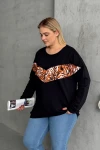 Büyük Beden Bisiklet Yaka Uzun Kollu Leopar Desenli Sweatshirt 300281
