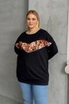 Büyük Beden Bisiklet Yaka Uzun Kollu Leopar Desenli Sweatshirt 300281