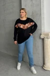 Büyük Beden Bisiklet Yaka Uzun Kollu Leopar Desenli Sweatshirt 300281