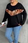 Büyük Beden Bisiklet Yaka Uzun Kollu Leopar Desenli Sweatshirt 300281