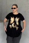 Büyük Beden Kelebek Baskılı Parlak Simli T-shirt 302275