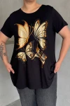 Büyük Beden Kelebek Baskılı Parlak Simli T-shirt 302275