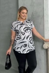 Büyük Beden Kısa Kollu V Yaka Desenli T-shirt 97-83