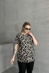 Büyük Beden Kısa Kollu Bisiklet Yaka Leopar Desenli Bluz 616006