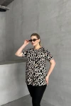 Büyük Beden Kısa Kollu Bisiklet Yaka Leopar Desenli Bluz 616006