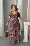 Büyük Beden Kısa Kollu Prenses Yaka Çiçek Desenli Maxi Elbise 74-80