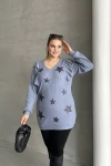 Büyük Beden Uzun Kolları Fırfırlı Yıldız Desen İşlemeli Bluz 301234