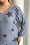 Büyük Beden Uzun Kolları Fırfırlı Yıldız Desen İşlemeli Bluz 301234