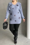 Büyük Beden Uzun Kolları Fırfırlı Yıldız Desen İşlemeli Bluz 301234