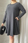 Büyük Beden Uzun Kollu Bisiklet Yaka Cepli Fitilli Elbise 304008