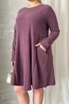 Büyük Beden Uzun Kollu Bisiklet Yaka Cepli Fitilli Elbise 100-186