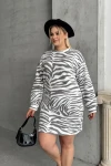 Büyük Beden Uzun Kollu Bisiklet Yaka Zebra Desenli Mini Elbise 84-194
