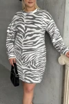 Büyük Beden Uzun Kollu Bisiklet Yaka Zebra Desenli Mini Elbise 84-194