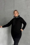 Büyük Beden Uzun Kollu Kapüşonu Desenli Cepli Sweatshirt 106-92