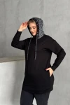 Büyük Beden Uzun Kollu Kapüşonu Desenli Cepli Sweatshirt 106-92