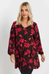 Büyük Beden Uzun Kollu V Yaka Önü Pileli Çiçek Desenli Bluz 303721