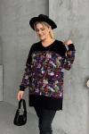 Büyük Beden Uzun Kollu V Yaka Yanı Yırtmaçlı Desenli Bluz 89-45