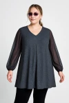 Büyük Beden Uzun Tül Kol V Yaka Bilekleri Lastikli Simli Bluz 78-132