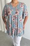 Büyük Beden V Yaka Kısa Kollu Eteği Bollaşan Desenli Bluz 101-44