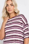 Büyük Beden Yanları Yırtmaçlı Kısa Kollu Bisiklet Yaka Çizgili T-shirt 303668