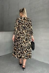 Büyük Beden Yarım Kollu V Yaka Kemer Detaylı Leopar Desenli Elbise 100-92