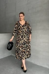 Büyük Beden Yarım Kollu V Yaka Kemer Detaylı Leopar Desenli Elbise 100-92