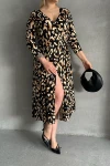Büyük Beden Yarım Kollu V Yaka Kemer Detaylı Leopar Desenli Elbise 100-92