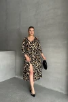 Büyük Beden Yarım Kollu V Yaka Kemer Detaylı Leopar Desenli Elbise 100-92