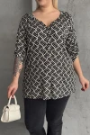 Büyük Beden V Yaka Önü Düğmeli Kolları Katlama Detaylı Likralı Bluz 1016