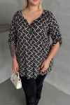 Büyük Beden V Yaka Önü Düğmeli Kolları Katlama Detaylı Likralı Bluz 1016